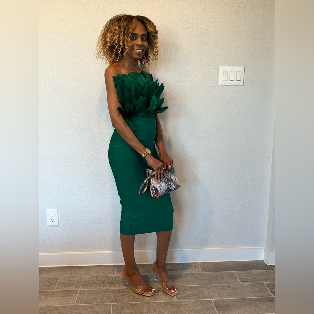 Emerald Feather-Trim Strapless Sheath Dress - Picture 3 of 4